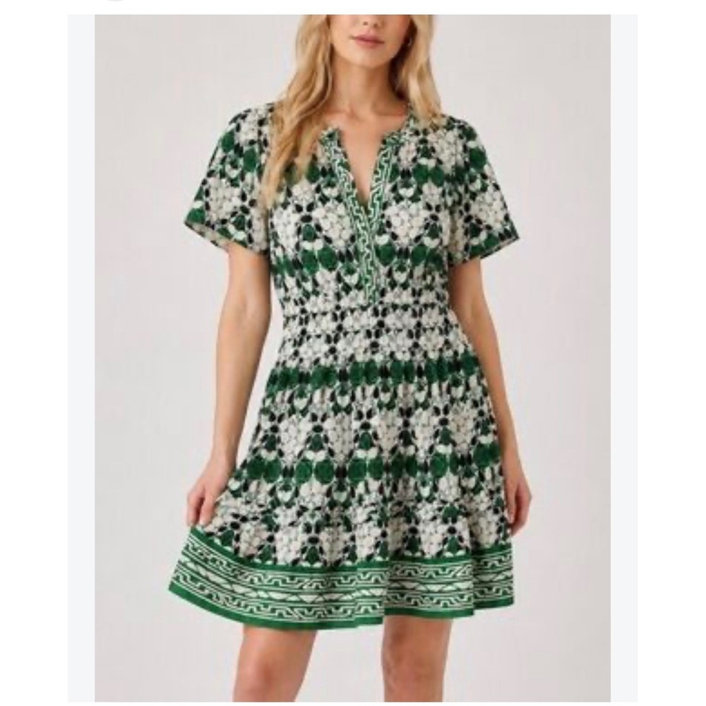 Anthropologie Green Floral Puff Sleeve Mini Dress L Cotton Coquette Cottagecore